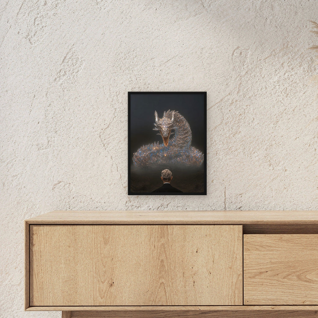 Dark Fantasy Wandbild gerahmt | Drache Poster Kunstdruck im schwarzen Holzrahmen ueber einem Sideboard, zeigt die Groesse im Raum