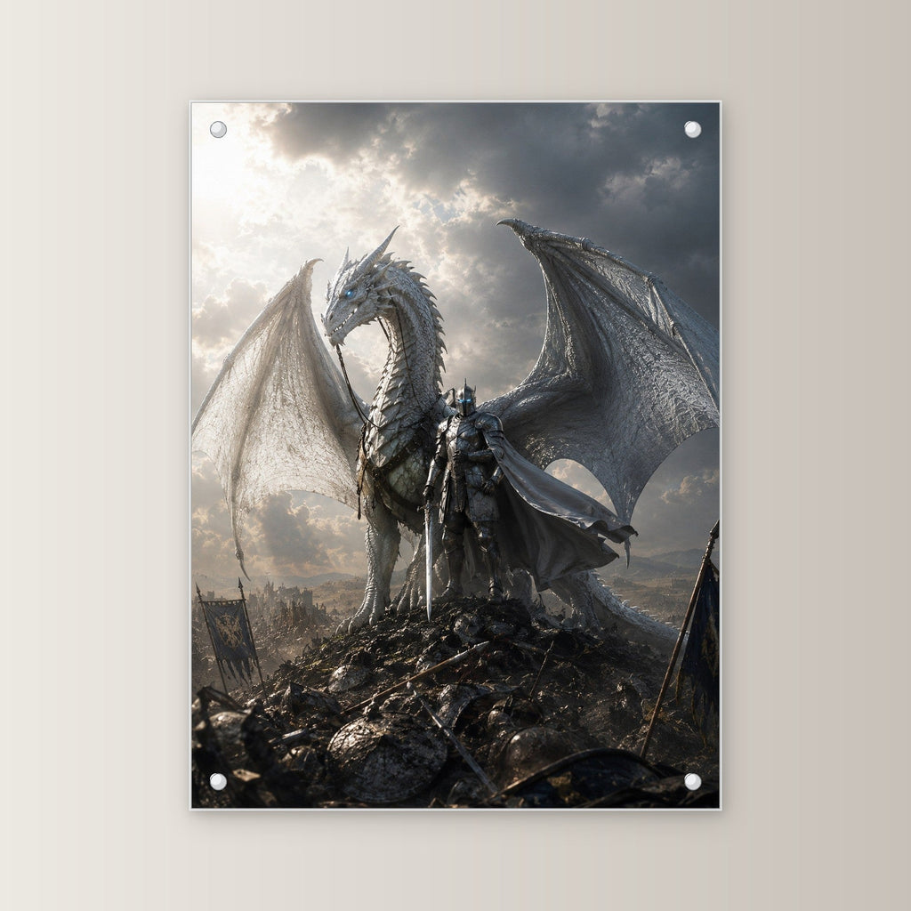 Dark-Fantasy Acrylglasbild auf Acrylglas mit Edelstahl-Abstandshaltern, gerade von vorn an heller Wand