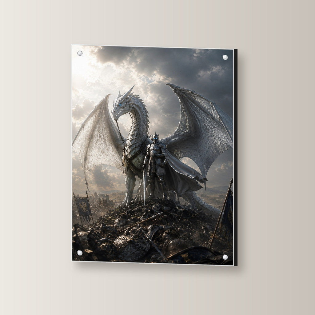 Dark-Fantasy Acrylglasbild auf Acrylglas mit Edelstahl-Abstandshaltern, leicht gedreht an der Wand fotografiert