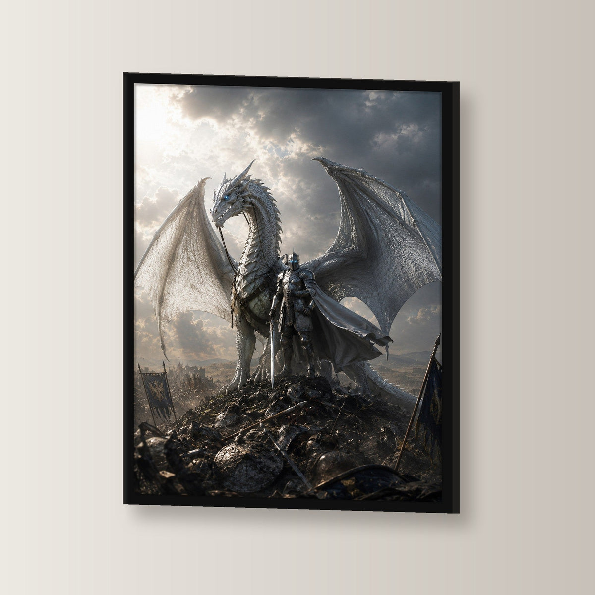 Dark-Fantasy Poster gerahmt im schwarzen Holzrahmen, leicht gedreht an der Wand fotografiert