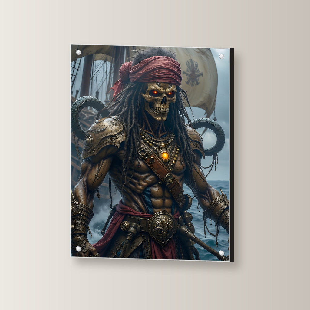 Untoter Pirat mit rotem Tuch vor Segeln, Dark Fantasy Acrylglasbild auf Acrylglas mit Edelstahl-Abstandshaltern, leicht gedreht an der Wand fotografiert