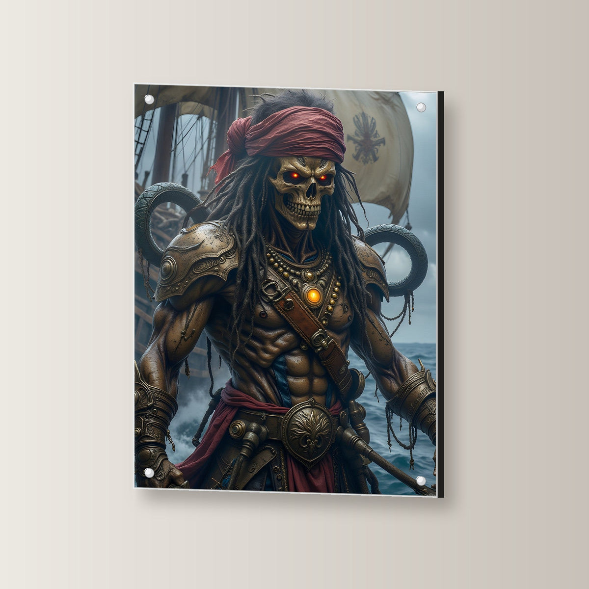 Untoter Pirat mit rotem Tuch vor Segeln, Dark Fantasy Acrylglasbild auf Acrylglas mit Edelstahl-Abstandshaltern, leicht gedreht an der Wand fotografiert