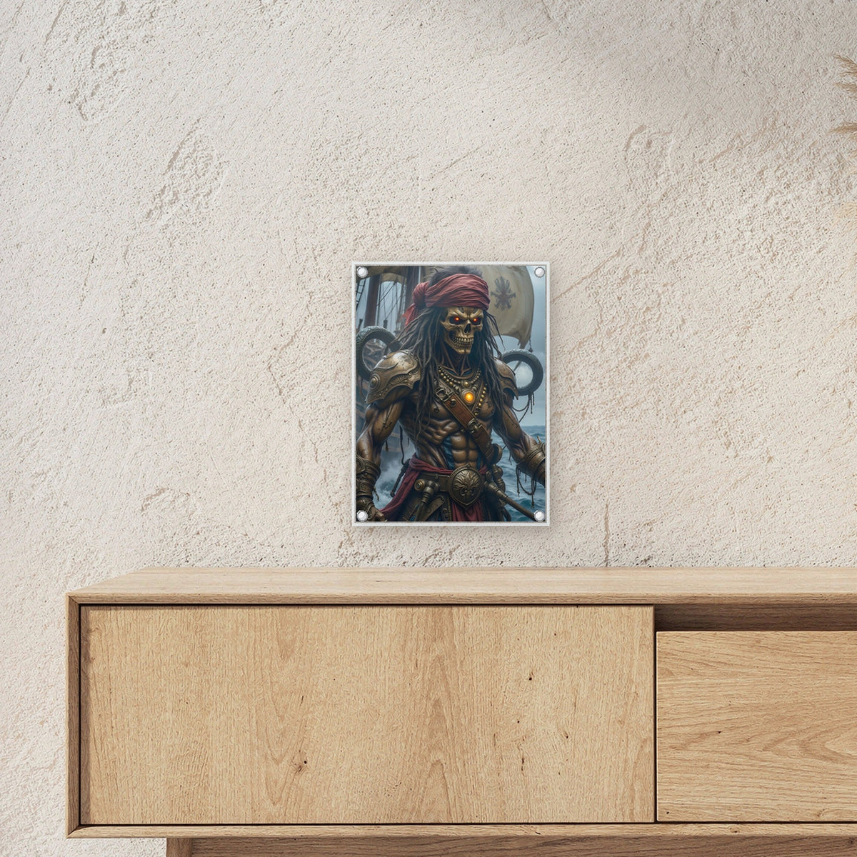 Untoter Pirat mit rotem Tuch vor Segeln, Dark Fantasy Acrylglasbild auf Acrylglas mit Edelstahl-Abstandshaltern ueber einem Sideboard, zeigt die Groesse im Raum