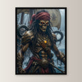 Untoter Pirat mit rotem Tuch vor Segeln, Fantasy Wandbild gerahmt im schwarzen Holzrahmen, gerade von vorn an heller Wand