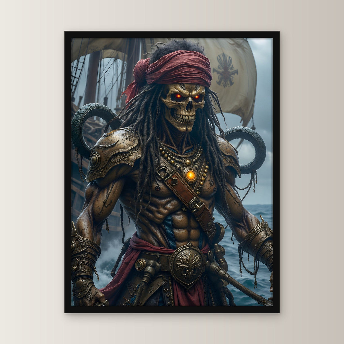 Untoter Pirat mit rotem Tuch vor Segeln, Fantasy Wandbild gerahmt im schwarzen Holzrahmen, gerade von vorn an heller Wand