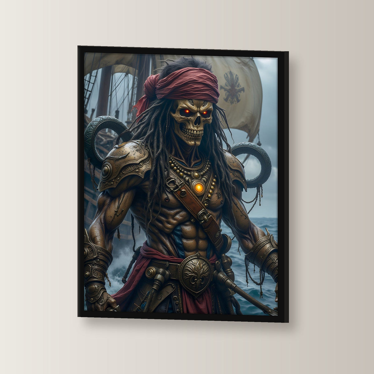 Untoter Pirat mit rotem Tuch vor Segeln, Fantasy Wandbild gerahmt im schwarzen Holzrahmen, leicht gedreht an der Wand fotografiert