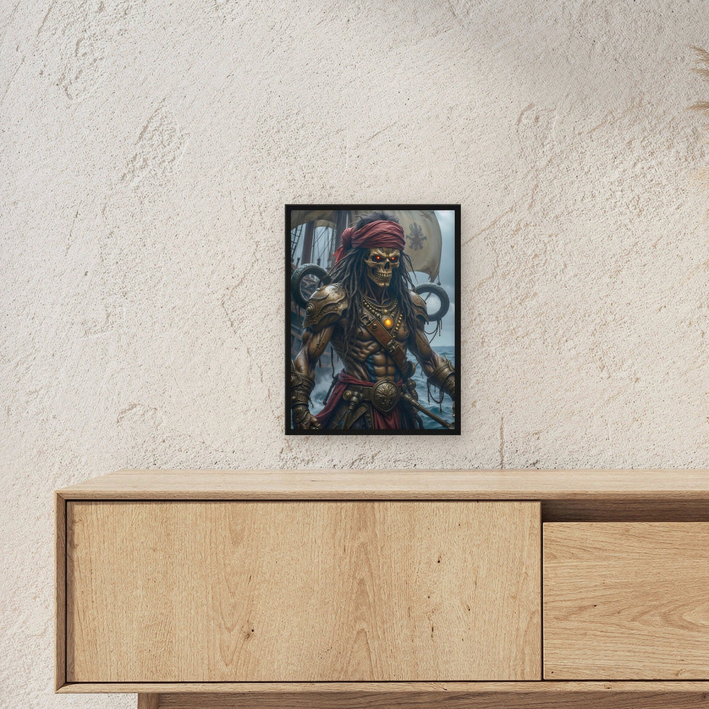 Untoter Pirat mit rotem Tuch vor Segeln, Fantasy Wandbild gerahmt im schwarzen Holzrahmen ueber einem Sideboard, zeigt die Groesse im Raum