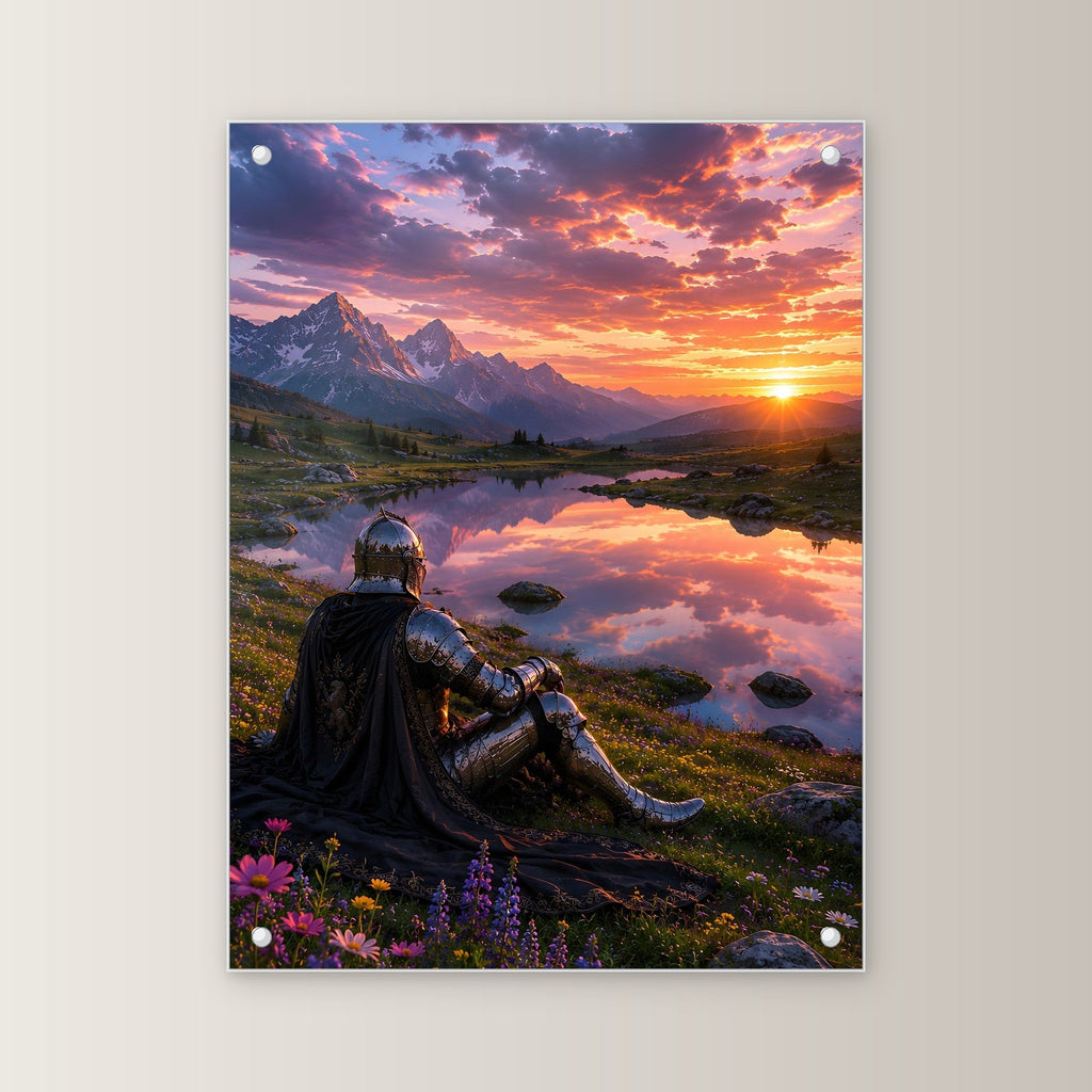 Ritter am Bergsee, Acrylglasbild auf Acrylglas mit Edelstahl-Abstandshaltern, gerade von vorn an heller Wand