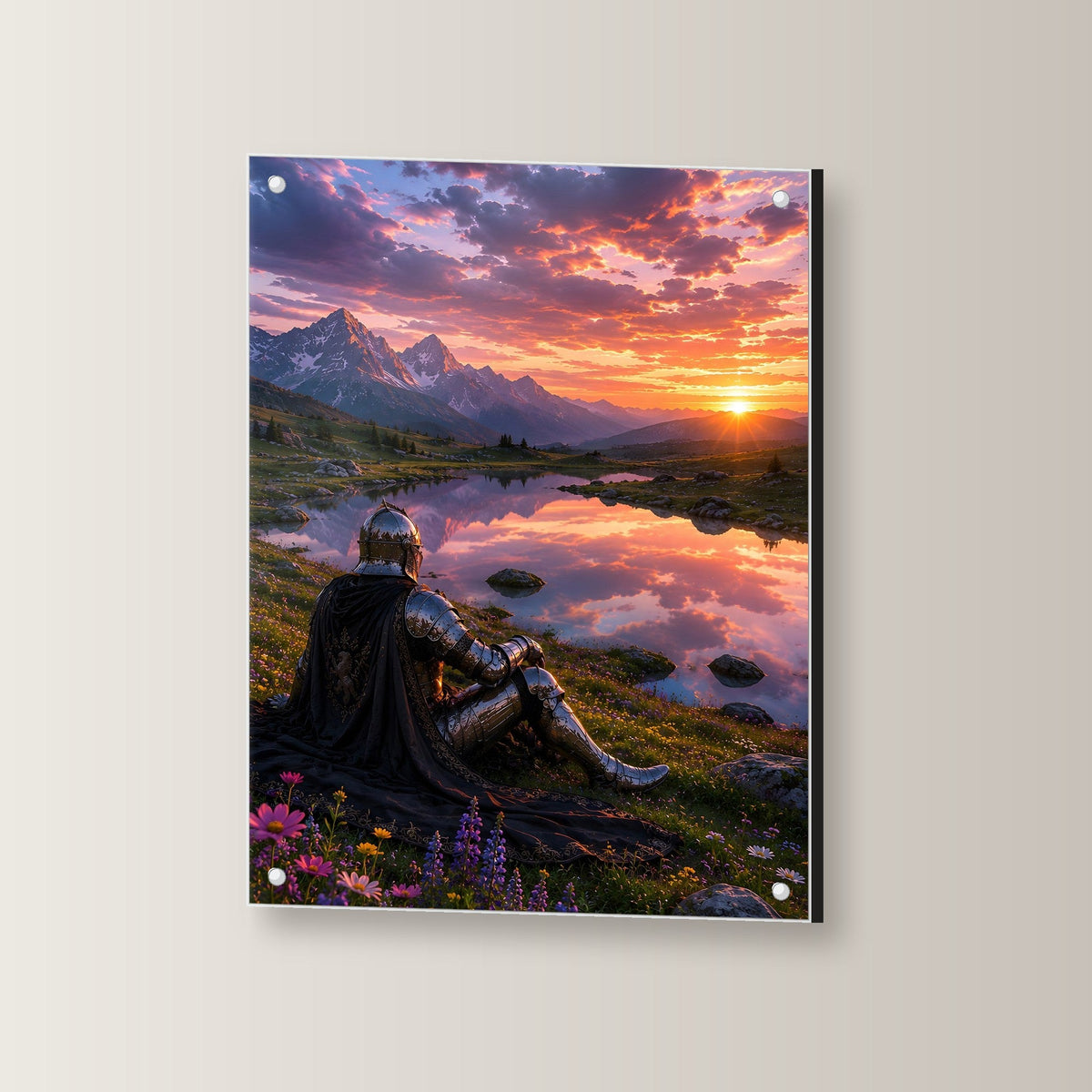 Ritter am Bergsee, Acrylglasbild auf Acrylglas mit Edelstahl-Abstandshaltern, leicht gedreht an der Wand fotografiert