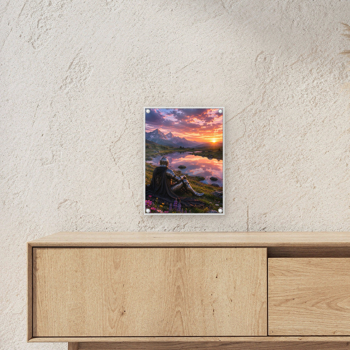 Ritter am Bergsee, Acrylglasbild auf Acrylglas mit Edelstahl-Abstandshaltern ueber einem Sideboard, zeigt die Groesse im Raum