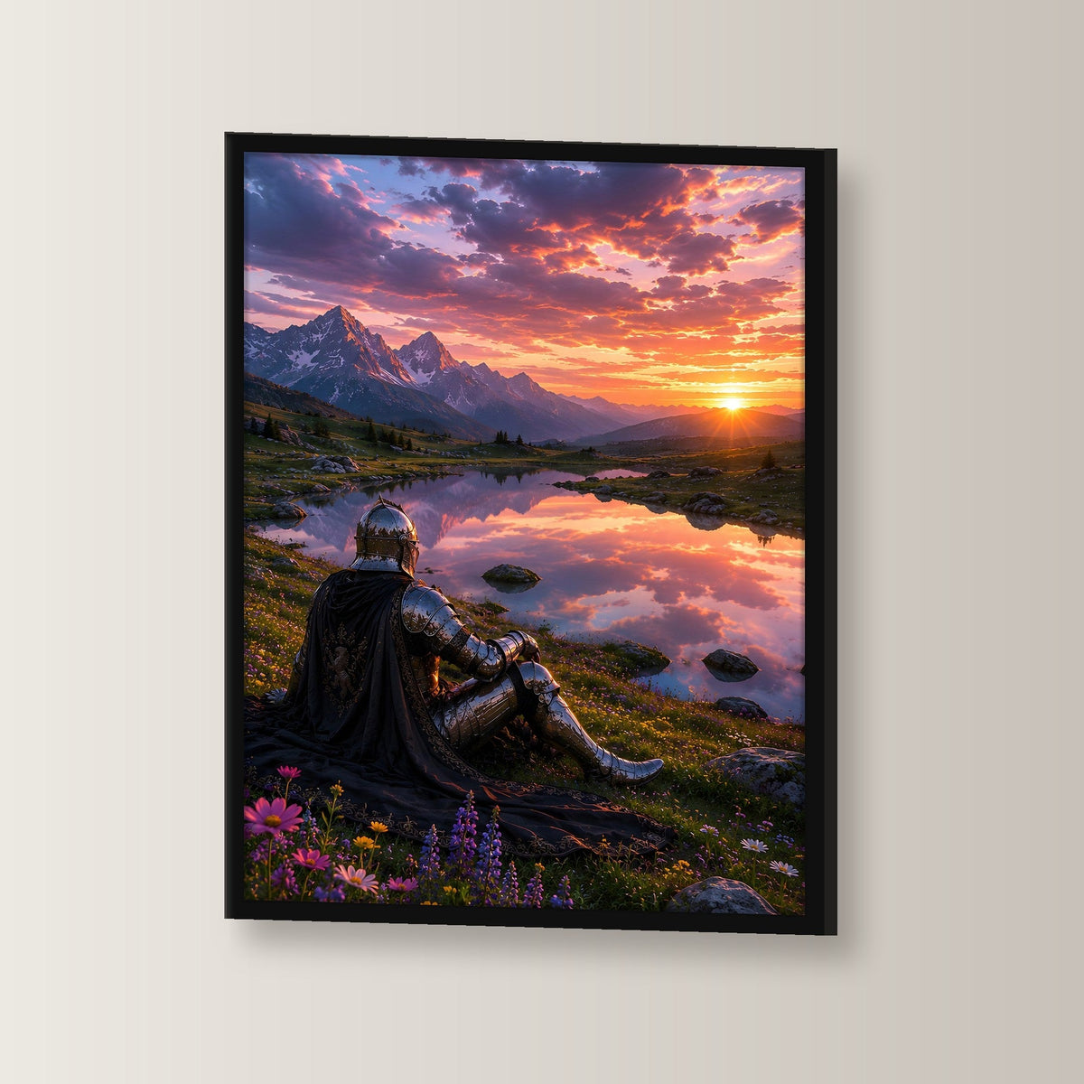 Ritter am Bergsee, Poster gerahmt im schwarzen Holzrahmen, leicht gedreht an der Wand fotografiert