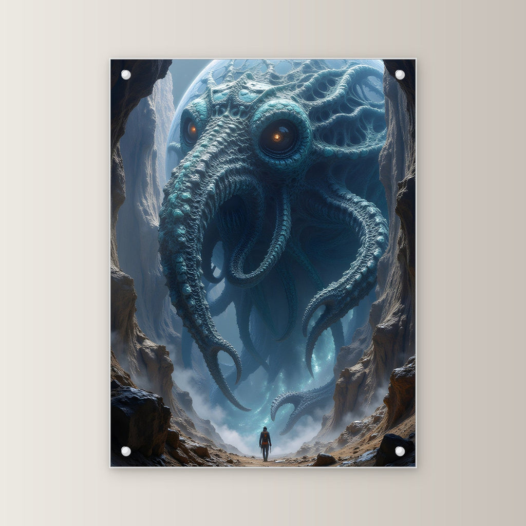 Krakenwesen mit Planet in der Schlucht, Surreales Acrylglasbild auf Acrylglas mit Edelstahl-Abstandshaltern, gerade von vorn an heller Wand