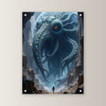 Krakenwesen mit Planet in der Schlucht, Surreales Acrylglasbild auf Acrylglas mit Edelstahl-Abstandshaltern, gerade von vorn an heller Wand