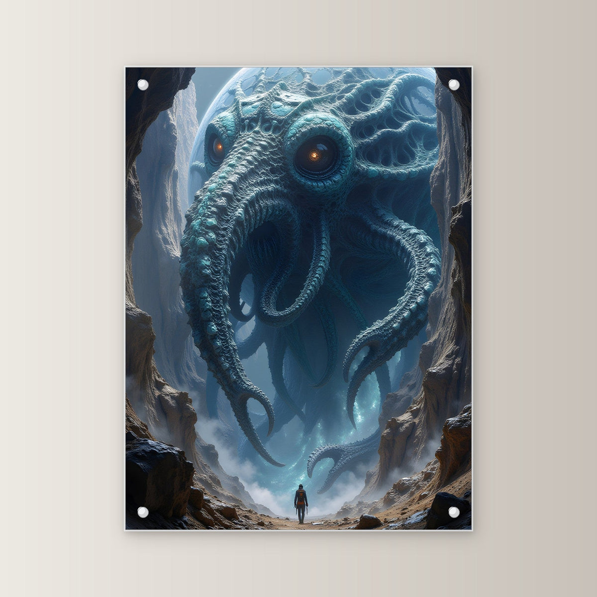 Krakenwesen mit Planet in der Schlucht, Surreales Acrylglasbild auf Acrylglas mit Edelstahl-Abstandshaltern, gerade von vorn an heller Wand