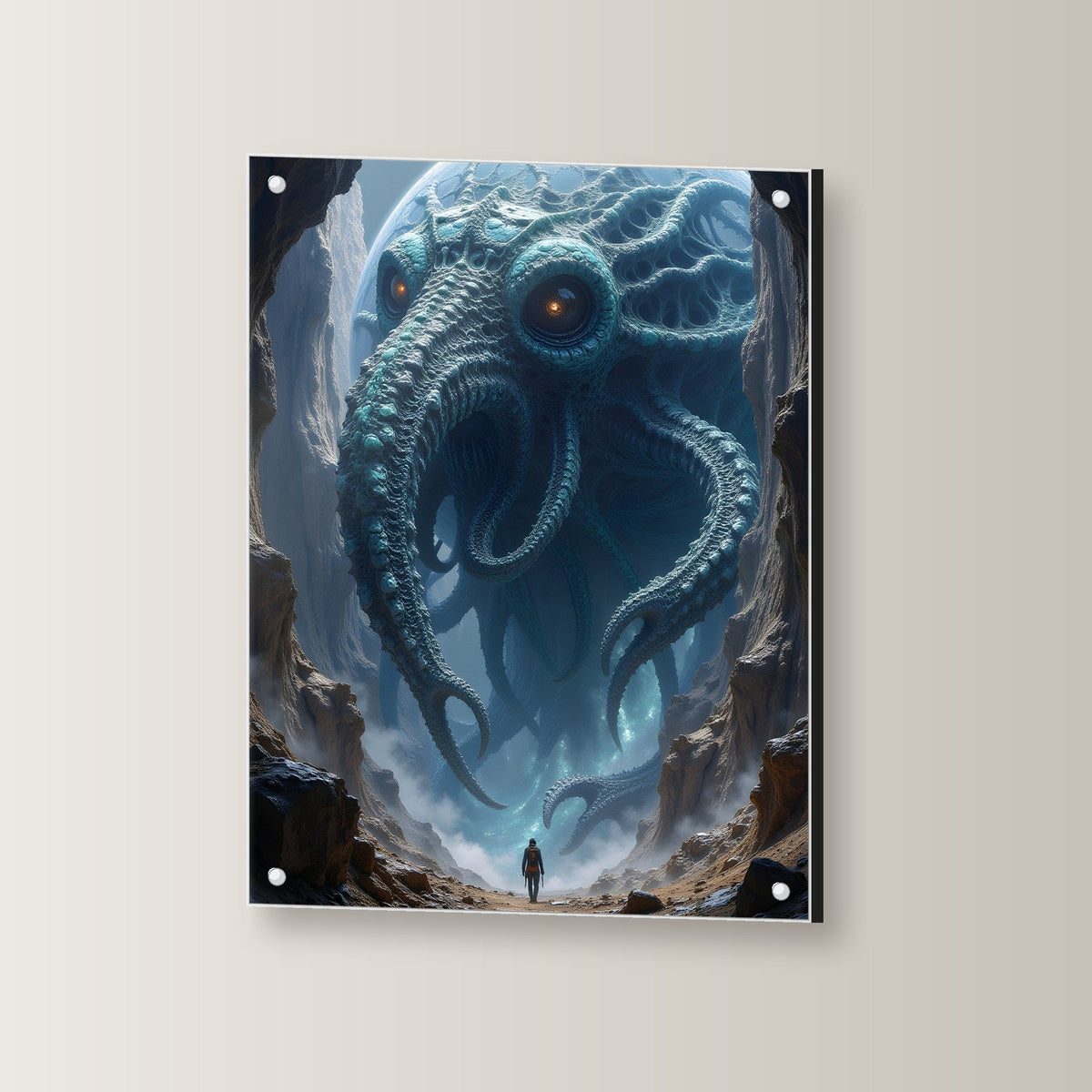 Krakenwesen mit Planet in der Schlucht, Surreales Acrylglasbild auf Acrylglas mit Edelstahl-Abstandshaltern, leicht gedreht an der Wand fotografiert