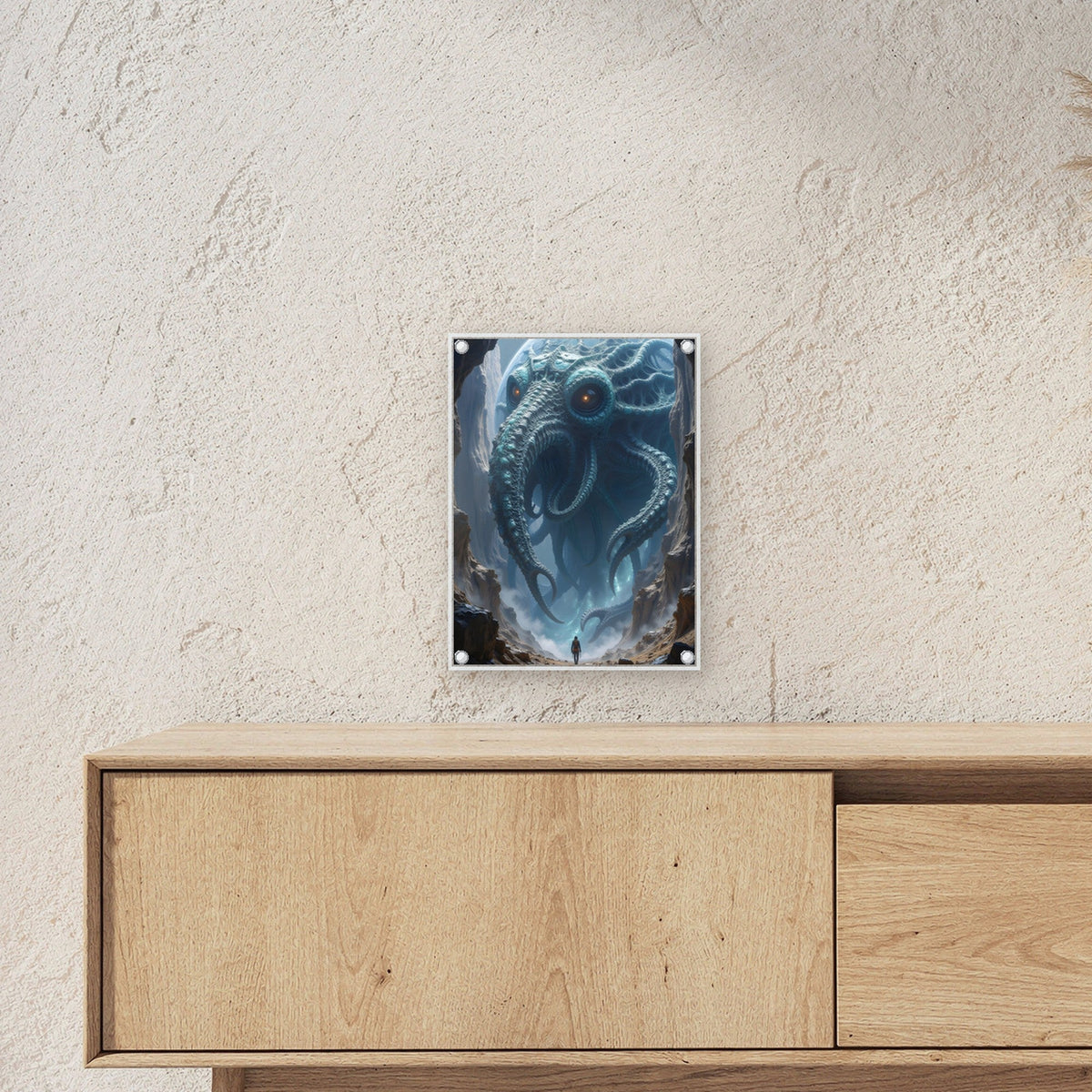 Krakenwesen mit Planet in der Schlucht, Surreales Acrylglasbild auf Acrylglas mit Edelstahl-Abstandshaltern ueber einem Sideboard, zeigt die Groesse im Raum