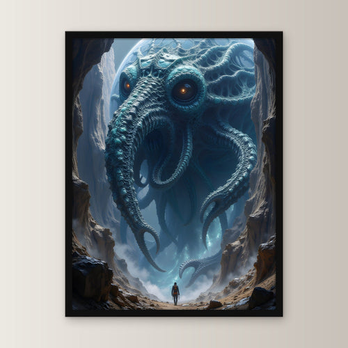 Krakenwesen mit Planet in der Schlucht, Surreales Wandbild gerahmt im schwarzen Holzrahmen, gerade von vorn an heller Wand