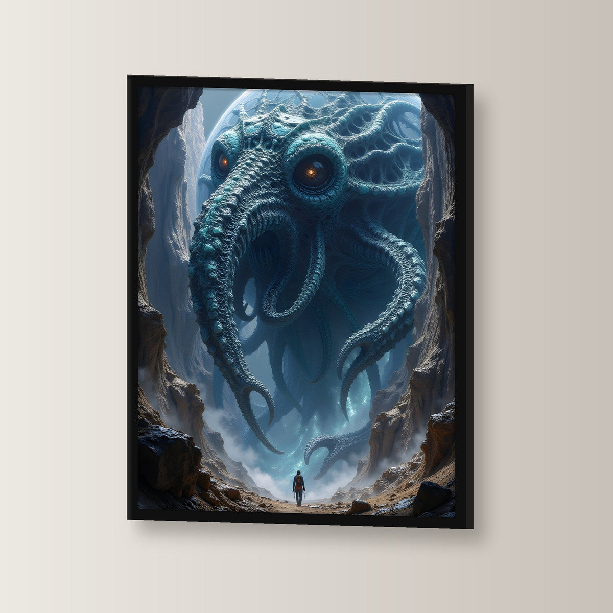 Krakenwesen mit Planet in der Schlucht, Surreales Wandbild gerahmt im schwarzen Holzrahmen, leicht gedreht an der Wand fotografiert