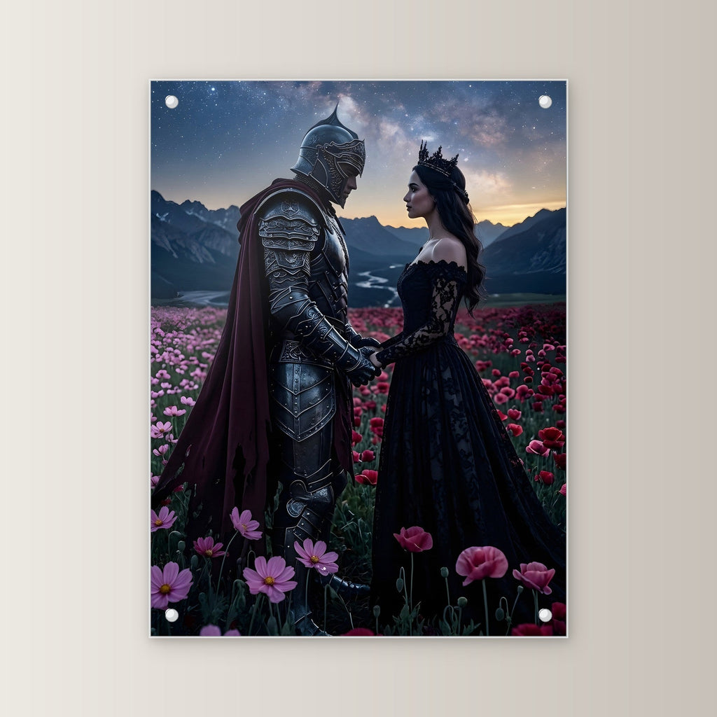 Ritter und Königin unter der Milchstraße, Mittelalter Fantasy Acrylglasbild auf Acrylglas mit Edelstahl-Abstandshaltern, gerade von vorn an heller Wand