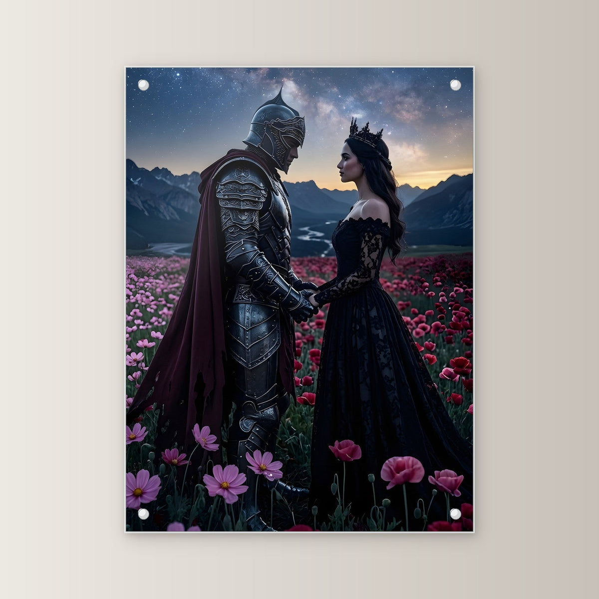 Ritter und Königin unter der Milchstraße, Mittelalter Fantasy Acrylglasbild auf Acrylglas mit Edelstahl-Abstandshaltern, gerade von vorn an heller Wand