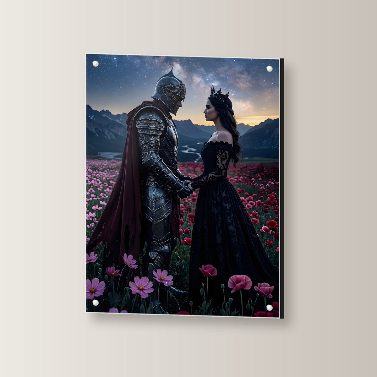 Ritter und Königin unter der Milchstraße, Mittelalter Fantasy Acrylglasbild auf Acrylglas mit Edelstahl-Abstandshaltern, leicht gedreht an der Wand fotografiert