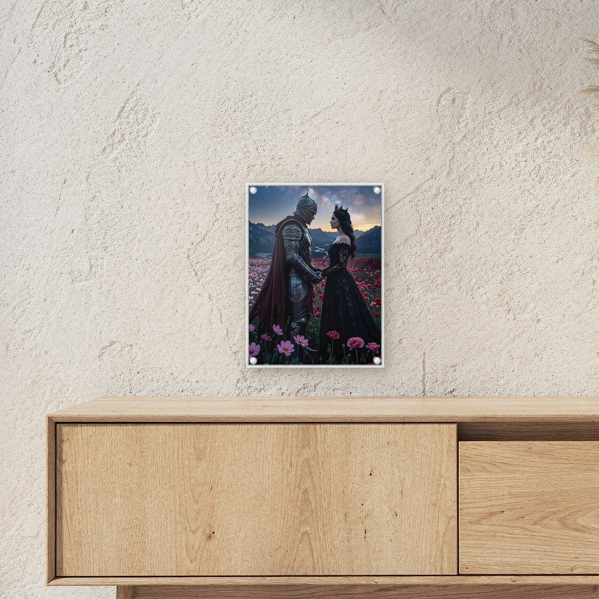 Ritter und Königin unter der Milchstraße, Mittelalter Fantasy Acrylglasbild auf Acrylglas mit Edelstahl-Abstandshaltern ueber einem Sideboard, zeigt die Groesse im Raum