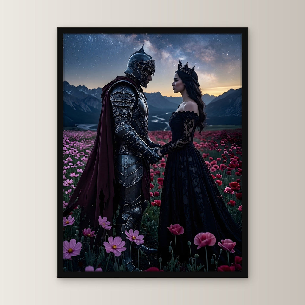 Ritter und Königin unter der Milchstraße, Mittelalter Fantasy Wandbild gerahmt im schwarzen Holzrahmen, gerade von vorn an heller Wand
