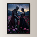 Ritter und Königin unter der Milchstraße, Mittelalter Fantasy Wandbild gerahmt im schwarzen Holzrahmen, gerade von vorn an heller Wand