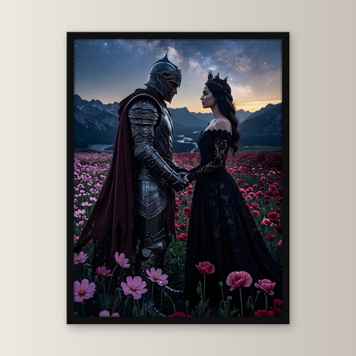 Ritter und Königin unter der Milchstraße, Mittelalter Fantasy Wandbild gerahmt im schwarzen Holzrahmen, gerade von vorn an heller Wand