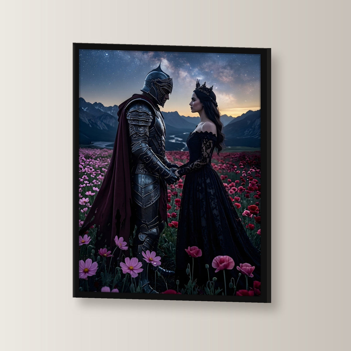 Ritter und Königin unter der Milchstraße, Mittelalter Fantasy Wandbild gerahmt im schwarzen Holzrahmen, leicht gedreht an der Wand fotografiert