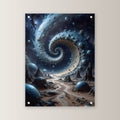 Spirale aus Fels und Planeten über der Wüste, Surreales Acrylglasbild auf Acrylglas mit Edelstahl-Abstandshaltern, gerade von vorn an heller Wand