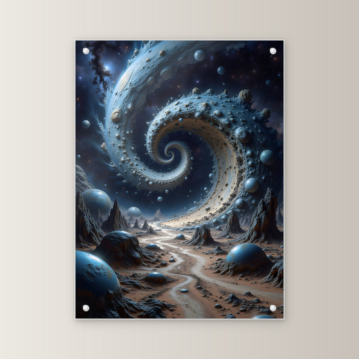 Spirale aus Fels und Planeten über der Wüste, Surreales Acrylglasbild auf Acrylglas mit Edelstahl-Abstandshaltern, gerade von vorn an heller Wand