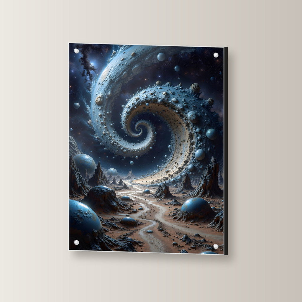 Spirale aus Fels und Planeten über der Wüste, Surreales Acrylglasbild auf Acrylglas mit Edelstahl-Abstandshaltern, leicht gedreht an der Wand fotografiert