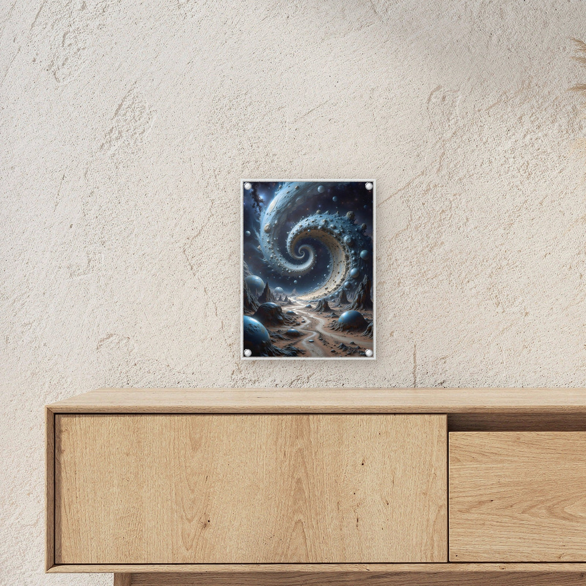Spirale aus Fels und Planeten über der Wüste, Surreales Acrylglasbild auf Acrylglas mit Edelstahl-Abstandshaltern ueber einem Sideboard, zeigt die Groesse im Raum
