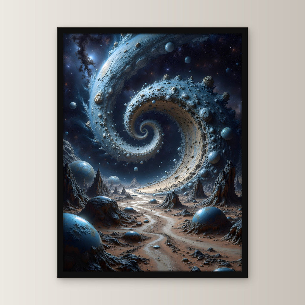 Spirale aus Fels und Planeten über der Wüste, Surreales Wandbild gerahmt im schwarzen Holzrahmen, gerade von vorn an heller Wand