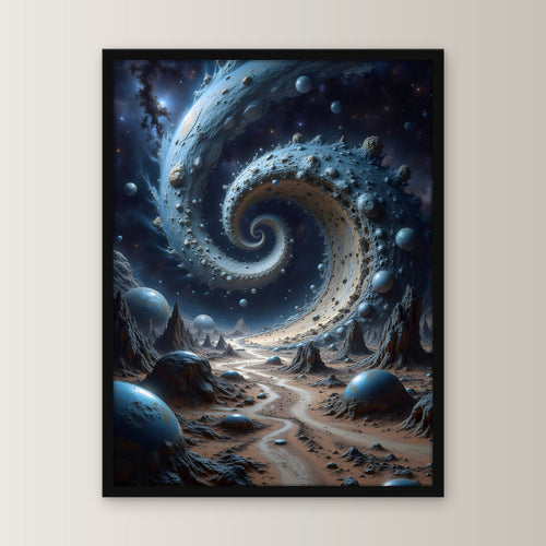 Spirale aus Fels und Planeten über der Wüste, Surreales Wandbild gerahmt im schwarzen Holzrahmen, gerade von vorn an heller Wand