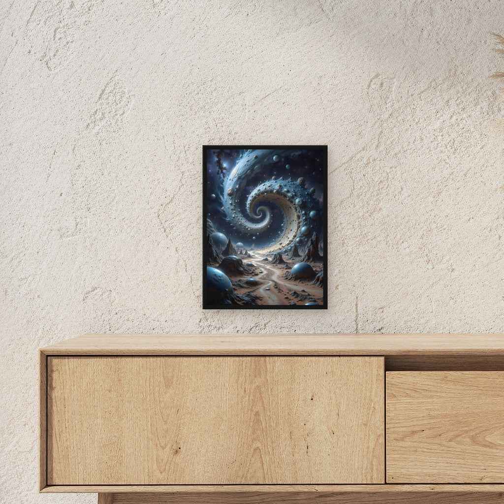 Spirale aus Fels und Planeten über der Wüste, Surreales Wandbild gerahmt im schwarzen Holzrahmen ueber einem Sideboard, zeigt die Groesse im Raum