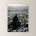 Ritter im Margeritenfeld bei Sonnenaufgang, Mittelalter Fantasy Acrylglasbild auf Acrylglas mit Edelstahl-Abstandshaltern, gerade von vorn an heller Wand