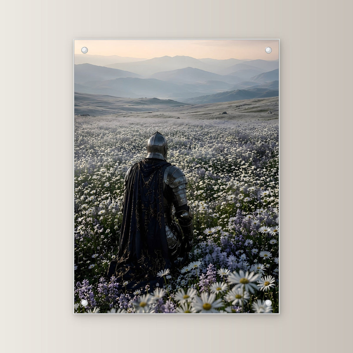 Ritter im Margeritenfeld bei Sonnenaufgang, Mittelalter Fantasy Acrylglasbild auf Acrylglas mit Edelstahl-Abstandshaltern, gerade von vorn an heller Wand
