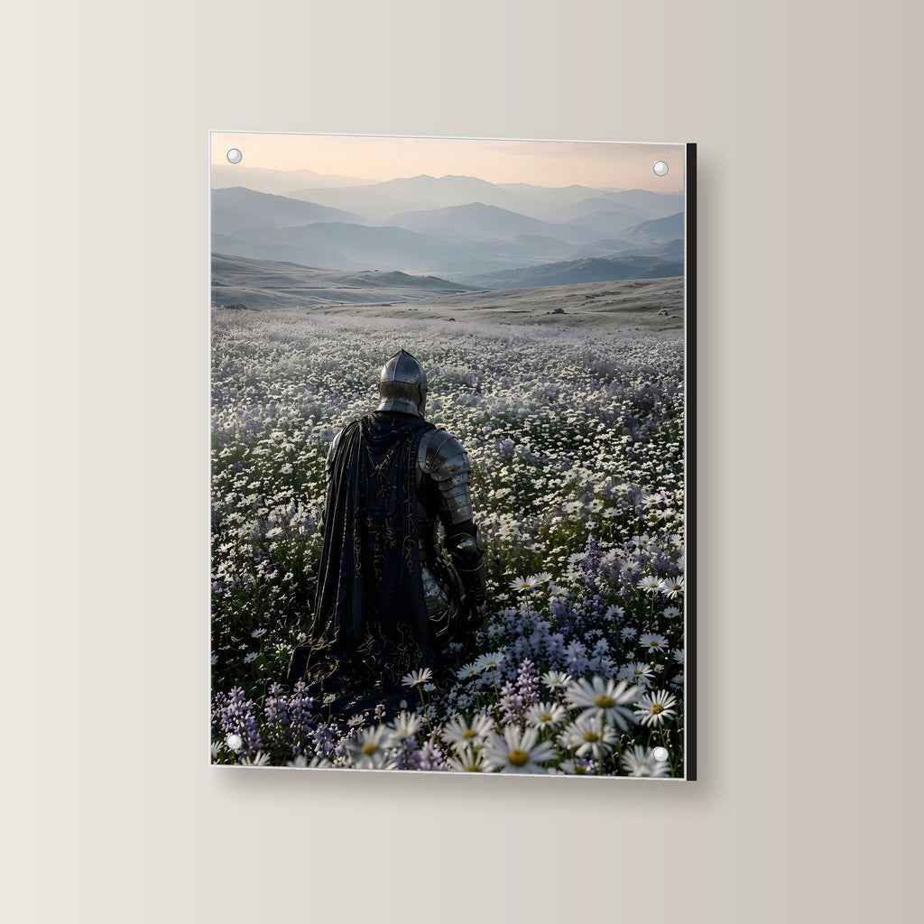 Ritter im Margeritenfeld bei Sonnenaufgang, Mittelalter Fantasy Acrylglasbild auf Acrylglas mit Edelstahl-Abstandshaltern, leicht gedreht an der Wand fotografiert