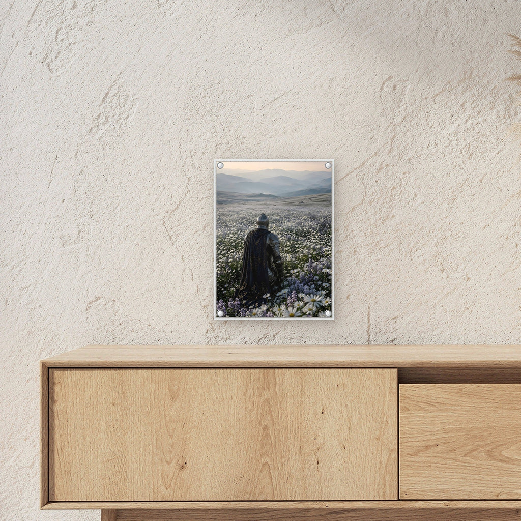 Ritter im Margeritenfeld bei Sonnenaufgang, Mittelalter Fantasy Acrylglasbild auf Acrylglas mit Edelstahl-Abstandshaltern ueber einem Sideboard, zeigt die Groesse im Raum