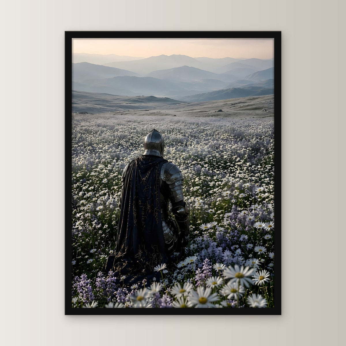 Ritter im Margeritenfeld bei Sonnenaufgang, Mittelalter Fantasy Wandbild gerahmt im schwarzen Holzrahmen, gerade von vorn an heller Wand