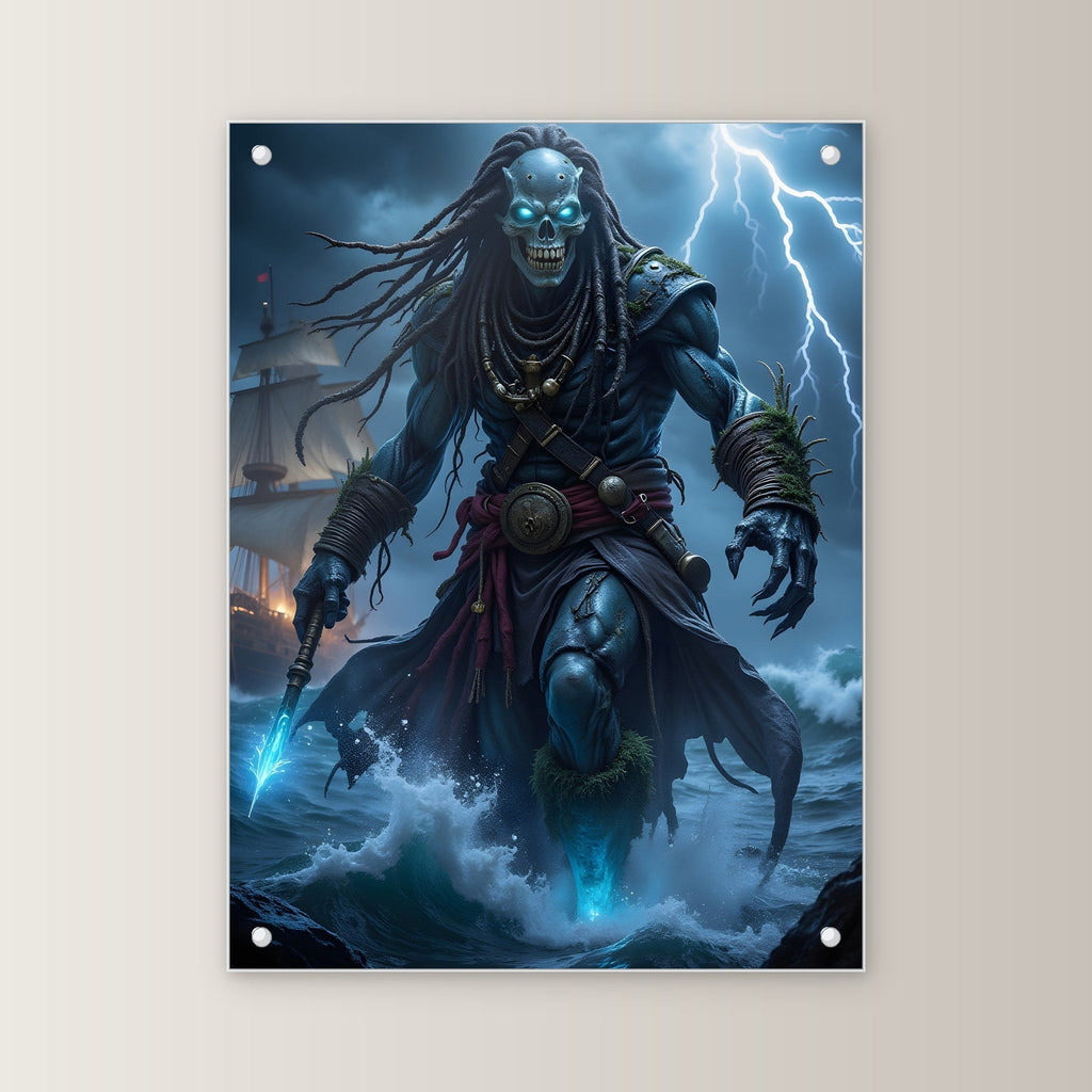 Geisterpirat mit Blitz und blauem Speer, Dark Fantasy Acrylglasbild auf Acrylglas mit Edelstahl-Abstandshaltern, gerade von vorn an heller Wand