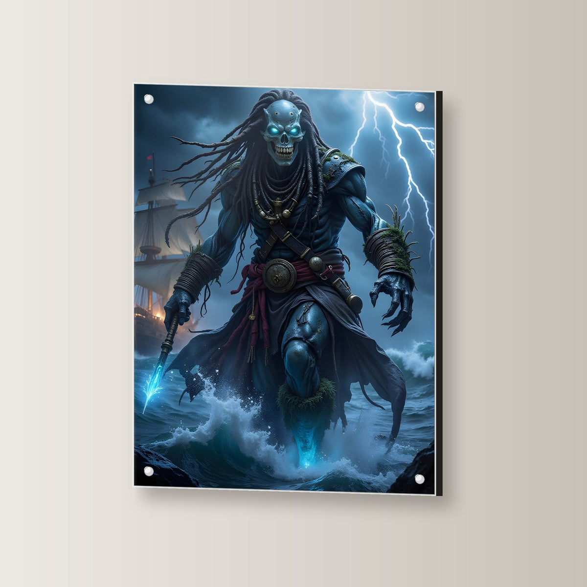 Geisterpirat mit Blitz und blauem Speer, Dark Fantasy Acrylglasbild auf Acrylglas mit Edelstahl-Abstandshaltern, leicht gedreht an der Wand fotografiert