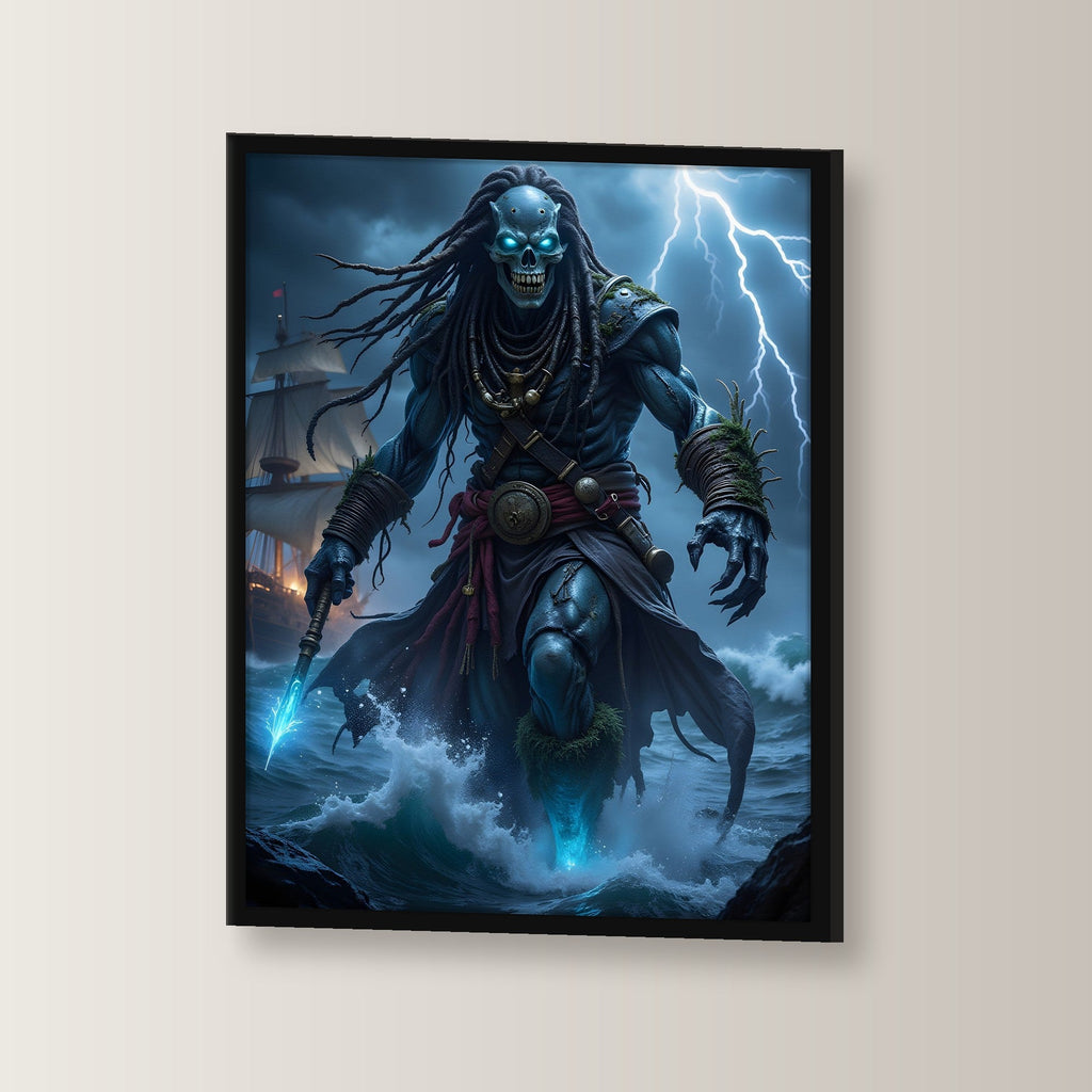 Geisterpirat mit Blitz und blauem Speer, Fantasy Wandbild gerahmt im schwarzen Holzrahmen, leicht gedreht an der Wand fotografiert