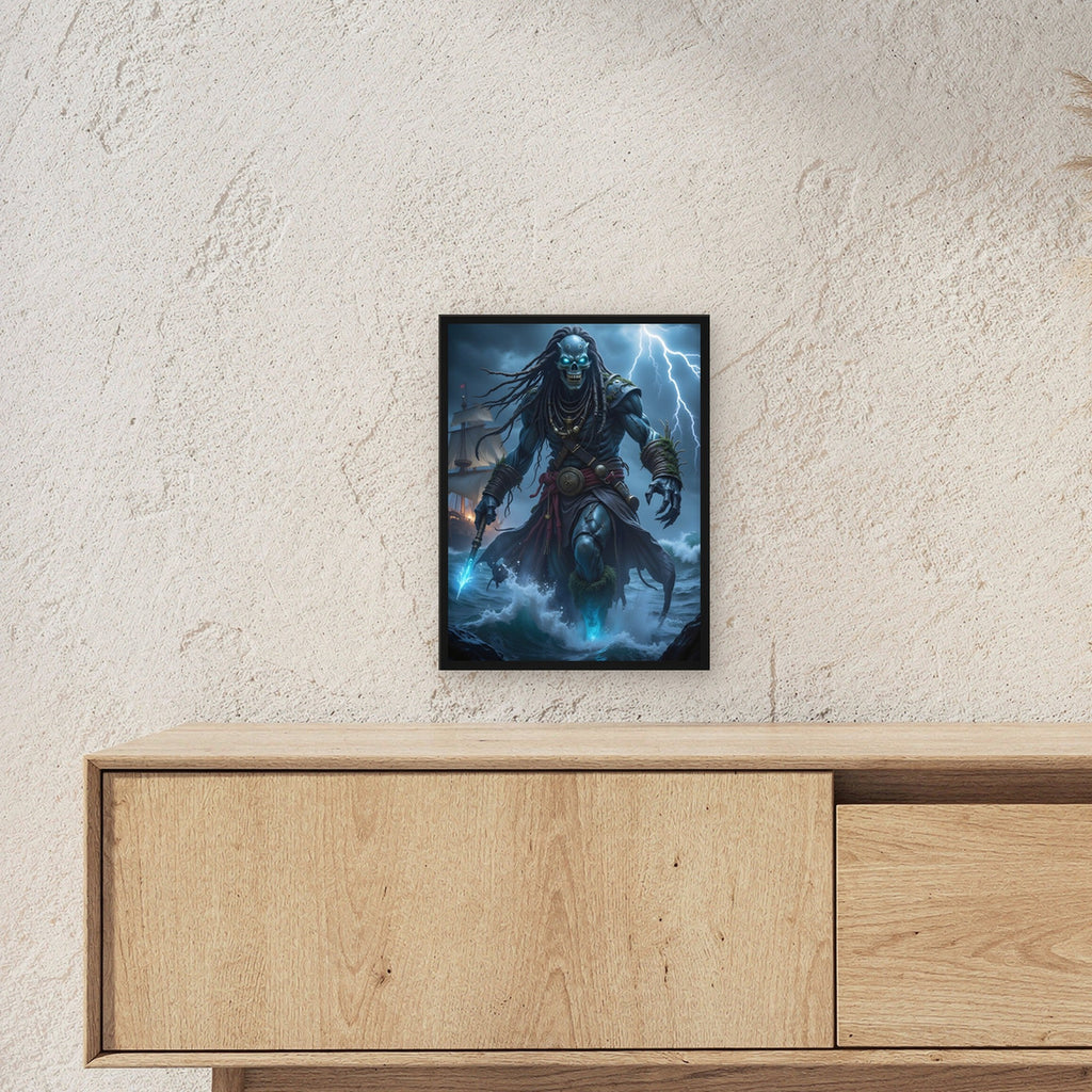 Geisterpirat mit Blitz und blauem Speer, Fantasy Wandbild gerahmt im schwarzen Holzrahmen ueber einem Sideboard, zeigt die Groesse im Raum