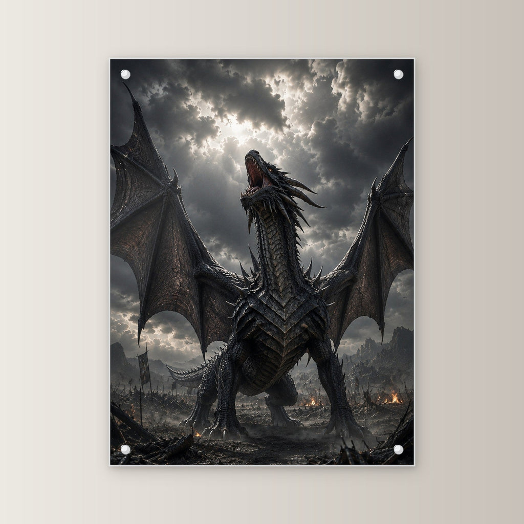 Schwarzer Drache brüllt über dem Schlachtfeld, Dark Fantasy Acrylglasbild auf Acrylglas mit Edelstahl-Abstandshaltern, gerade von vorn an heller Wand