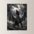 Schwarzer Drache brüllt über dem Schlachtfeld, Dark Fantasy Acrylglasbild auf Acrylglas mit Edelstahl-Abstandshaltern, gerade von vorn an heller Wand