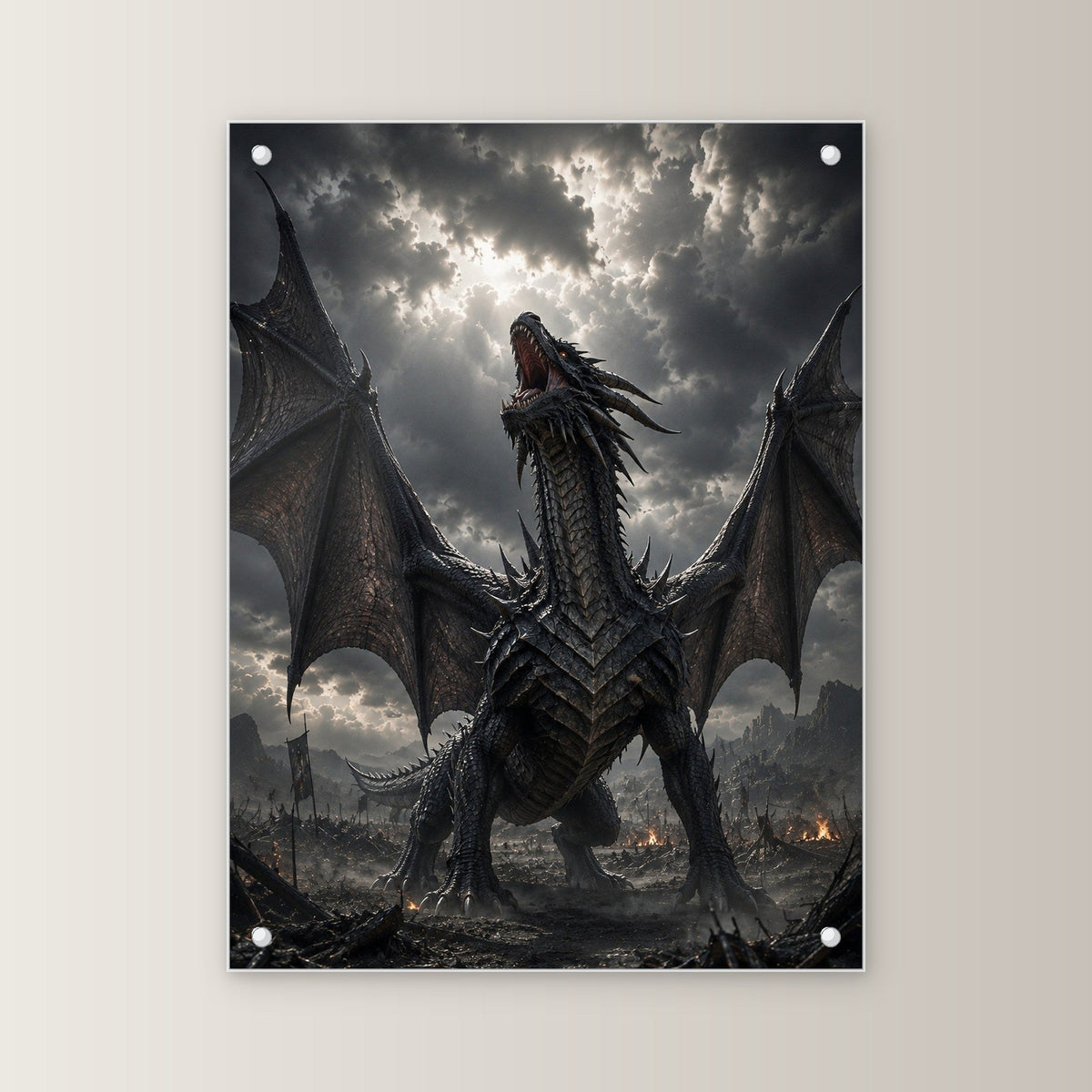 Schwarzer Drache brüllt über dem Schlachtfeld, Dark Fantasy Acrylglasbild auf Acrylglas mit Edelstahl-Abstandshaltern, gerade von vorn an heller Wand