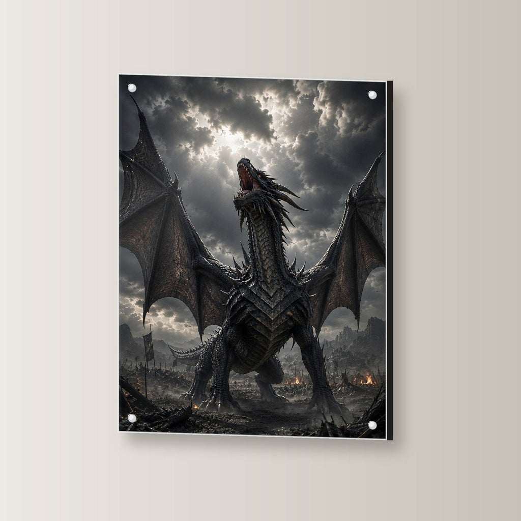 Schwarzer Drache brüllt über dem Schlachtfeld, Dark Fantasy Acrylglasbild auf Acrylglas mit Edelstahl-Abstandshaltern, leicht gedreht an der Wand fotografiert